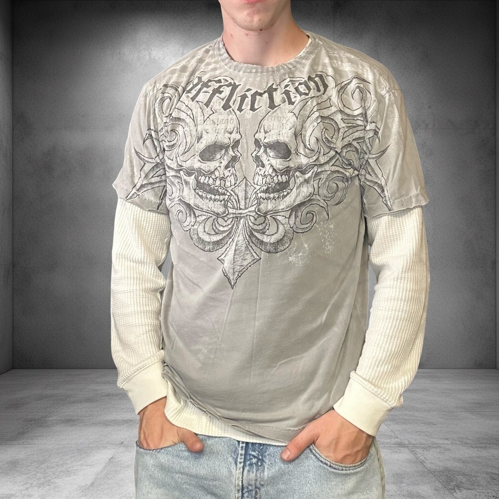 Affliction Signature Series Tim Sylvia Mens Large Grey Skull Graphic T-Shirt Y2K